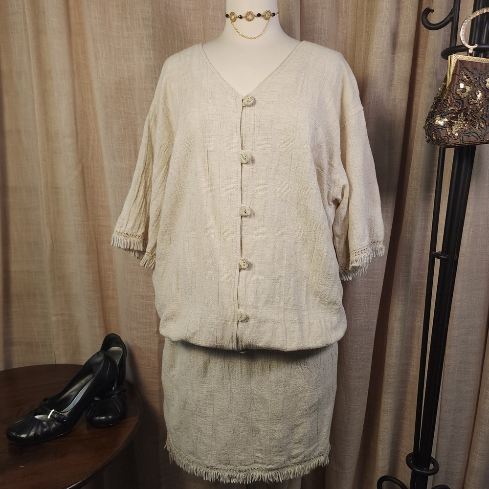 Vikki Vi California Cotton Flax Drop Waist Dress Boho Lagenlook Fringe Vintage